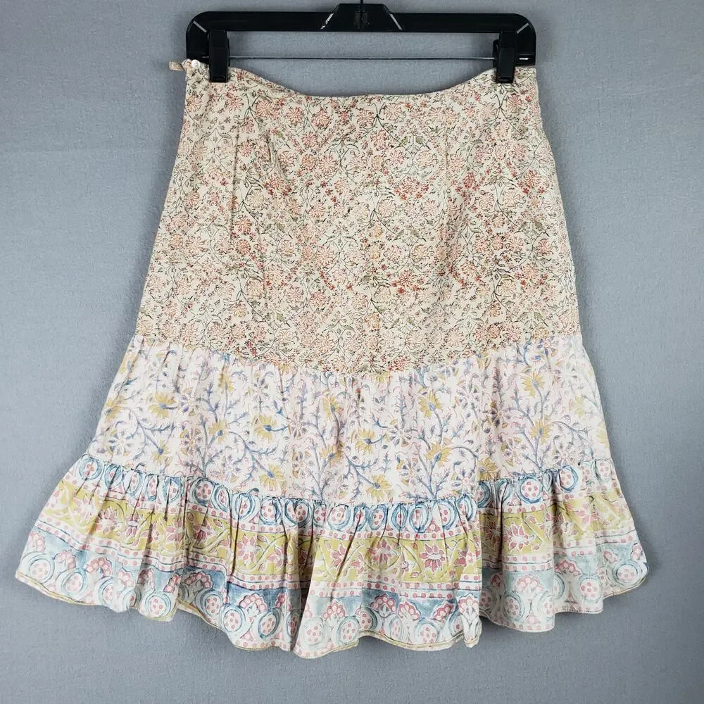 Lucky Brand Size S Tiered Peasant Skirt Blue Yellow Paisley Microfloral Cottage - Picture 7 of 7